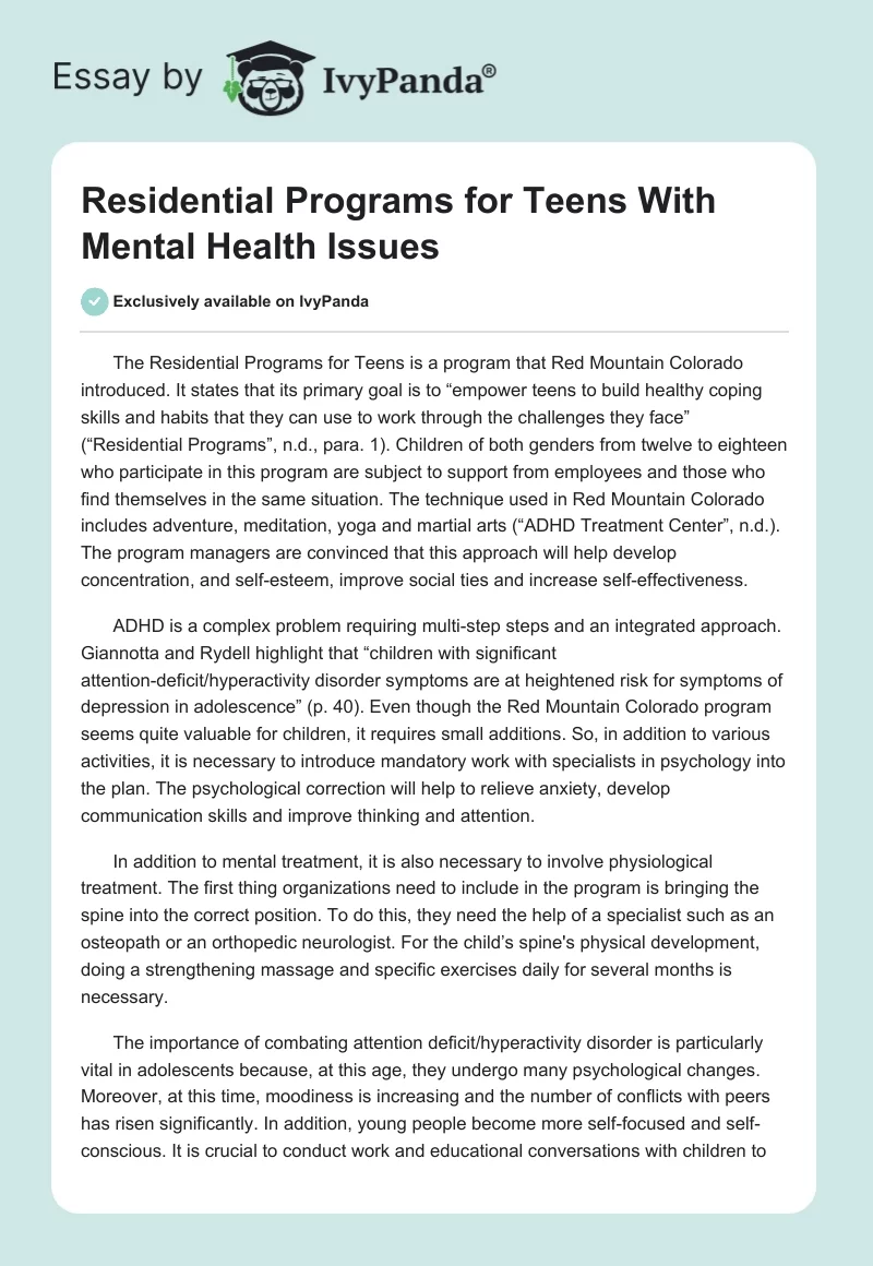 Residential Programs for Teens With Mental Health Issues. Page 1