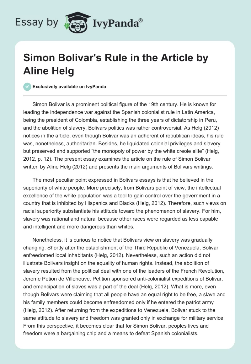 Simon Bolivar's Rule in the Article by Aline Helg. Page 1