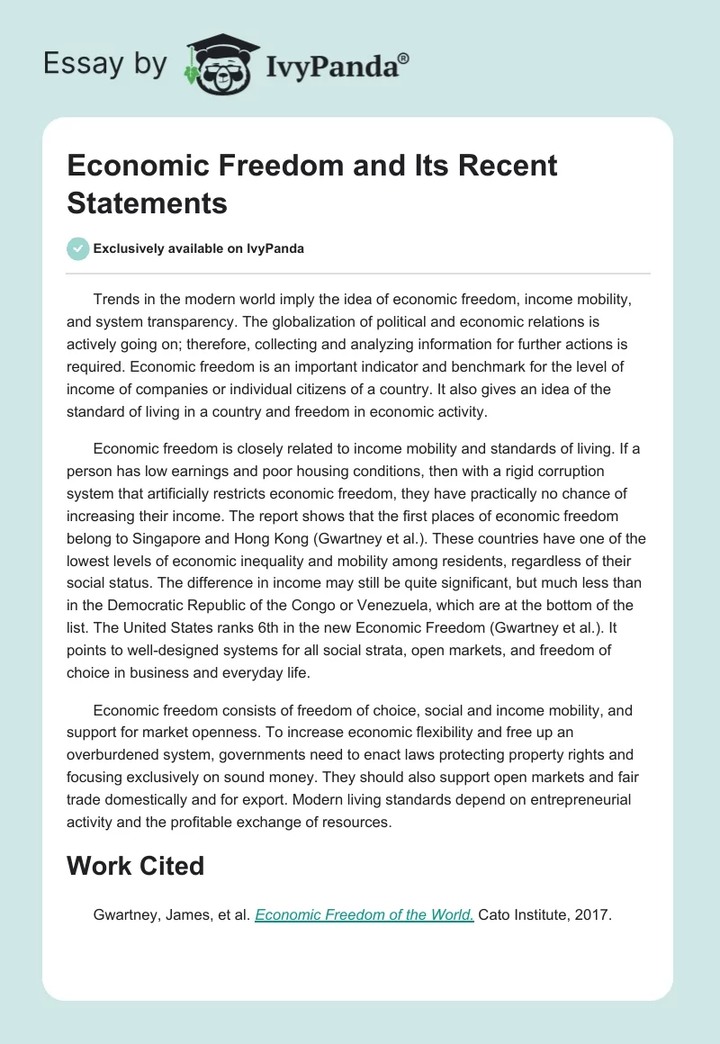 Economic Freedom and Its Recent Statements. Page 1