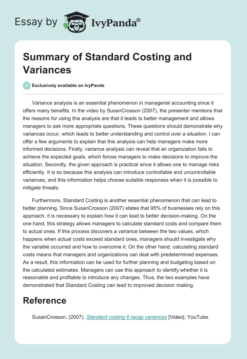 Summary of Standard Costing and Variances. Page 1