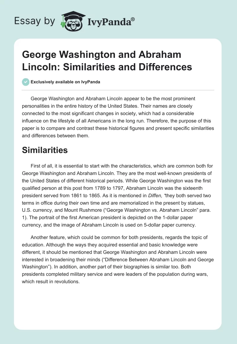 George Washington and Abraham Lincoln: Similarities and Differences. Page 1