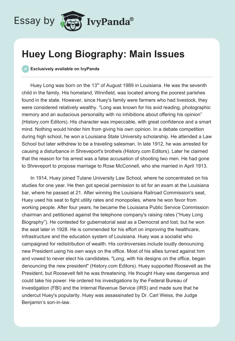 Huey Long Biography: Main Issues. Page 1