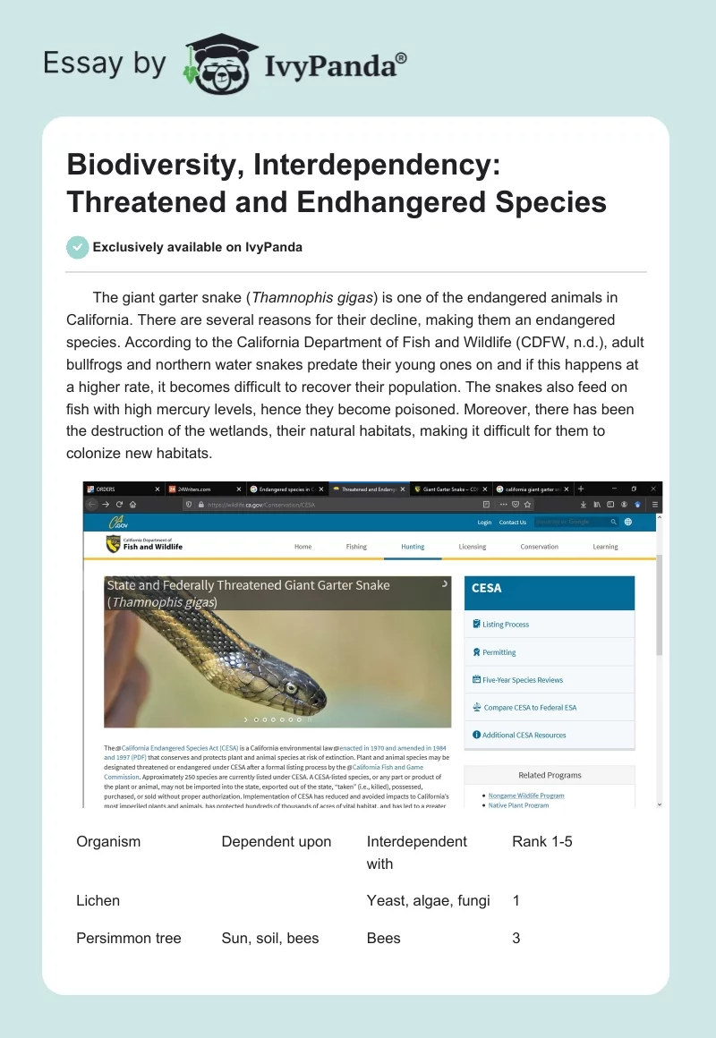 Biodiversity, Interdependency: Threatened and Endhangered Species. Page 1