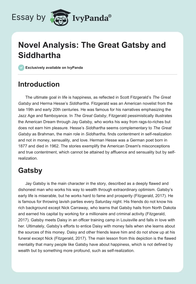 Novel Analysis: The Great Gatsby and Siddhartha. Page 1