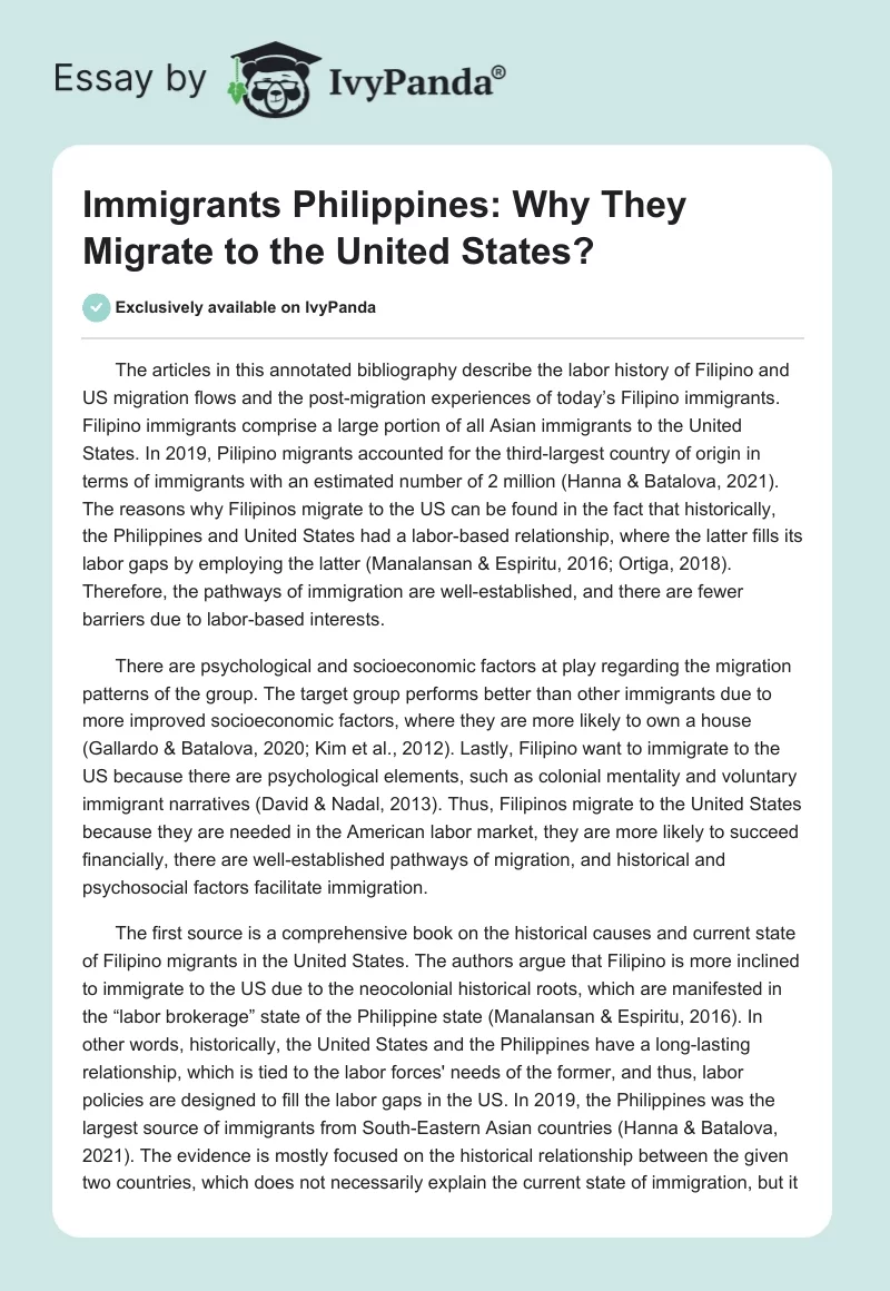 Immigrants Philippines: Why They Migrate to the United States?. Page 1