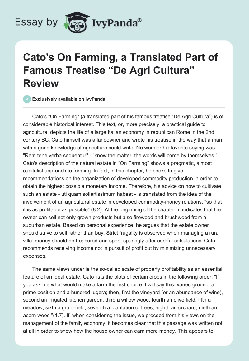 Cato's "On Farming", a Translated Part of Famous Treatise “De Agri Cultura” Review. Page 1