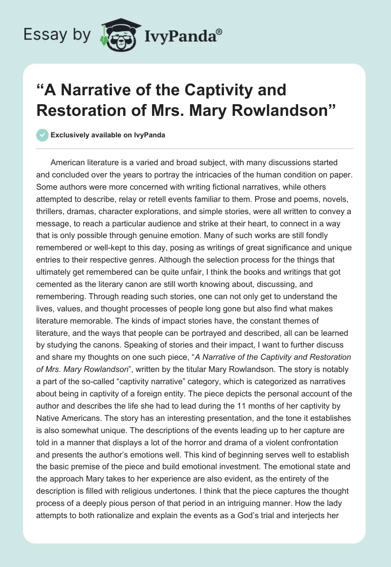 “A Narrative of the Captivity and Restoration of Mrs. Mary Rowlandson”. Page 1