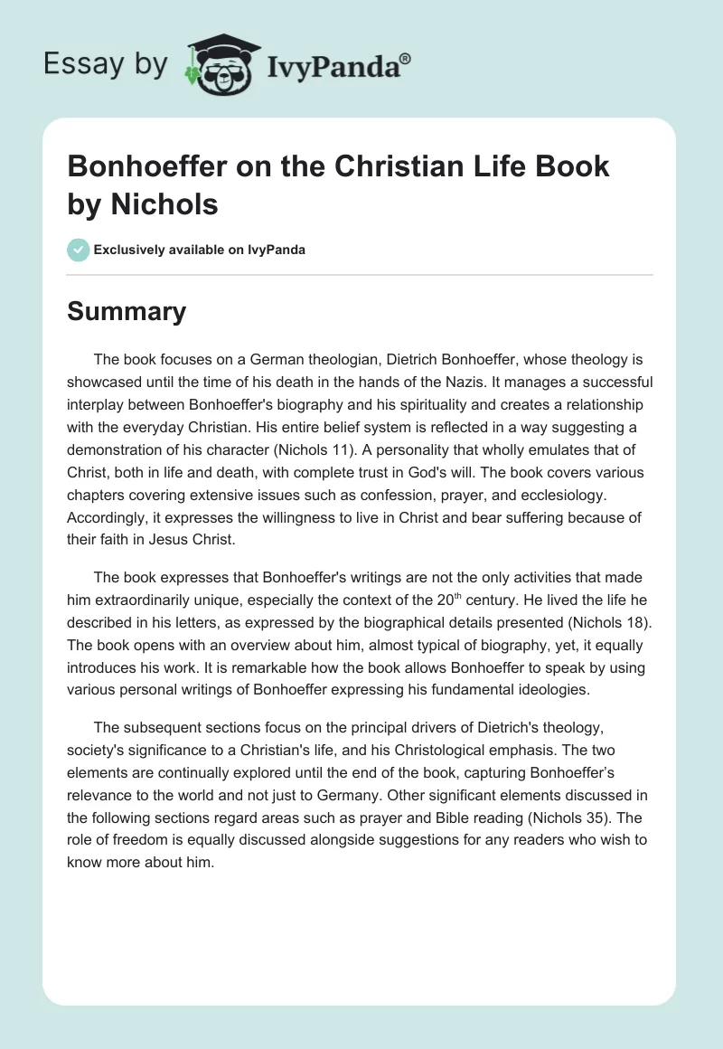 "Bonhoeffer on the Christian Life" Book by Nichols. Page 1