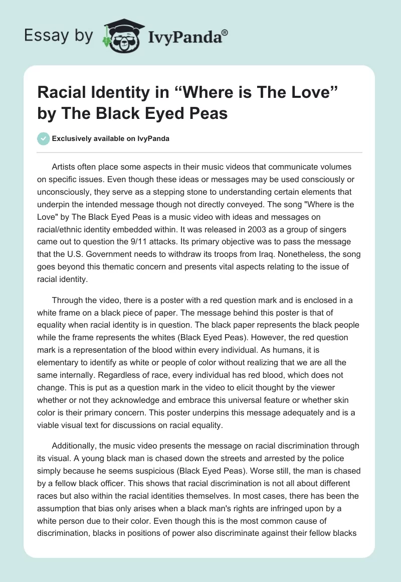 Racial Identity in “Where is The Love” by The Black Eyed Peas. Page 1