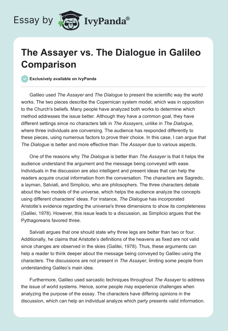 "The Assayer" vs. "The Dialogue" in Galileo Comparison. Page 1