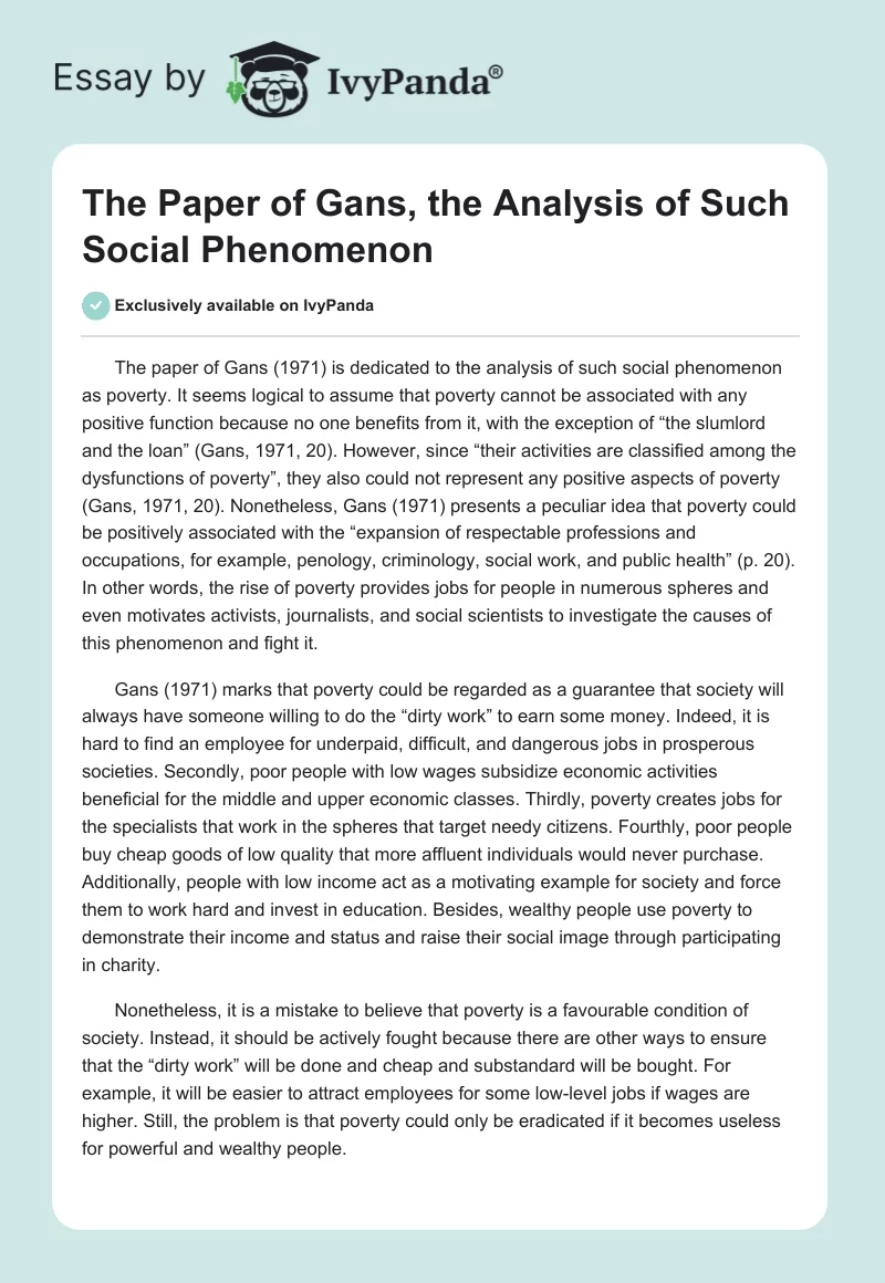 The Paper of Gans, the Analysis of Such Social Phenomenon. Page 1