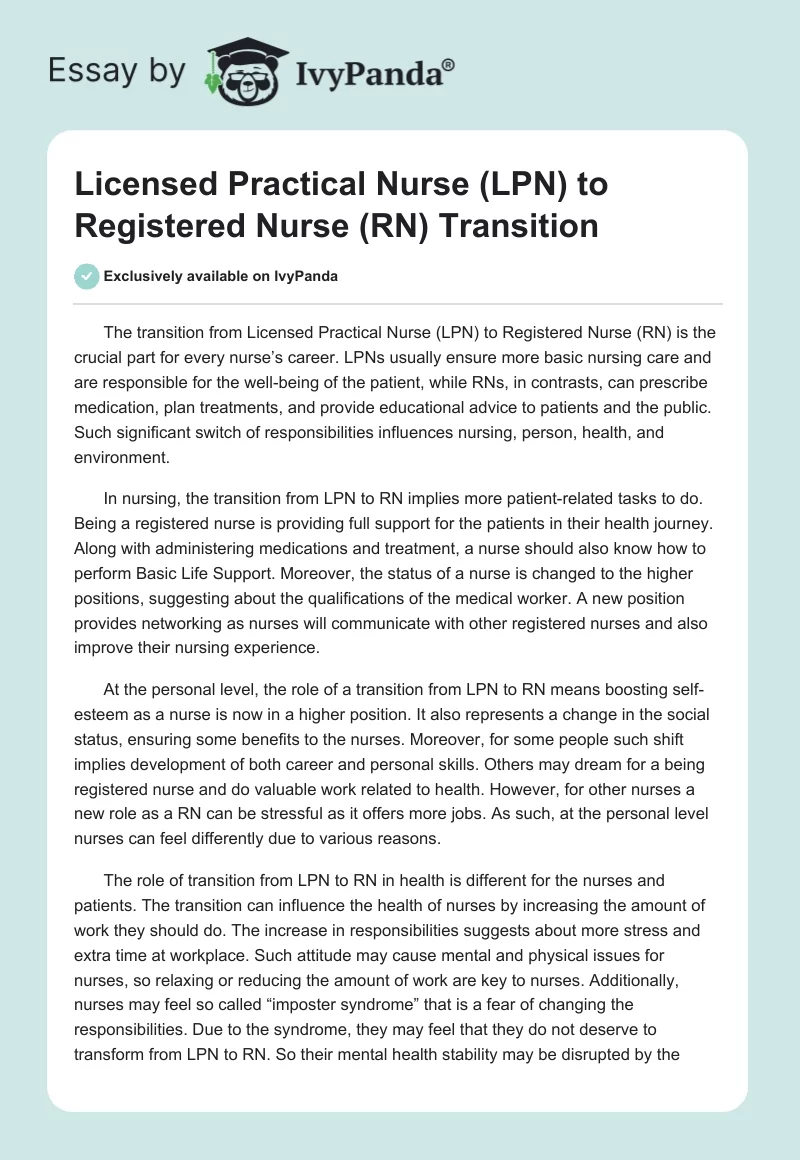 Licensed Practical Nurse Lpn To Registered Nurse Rn Transition 550 Words Essay Example