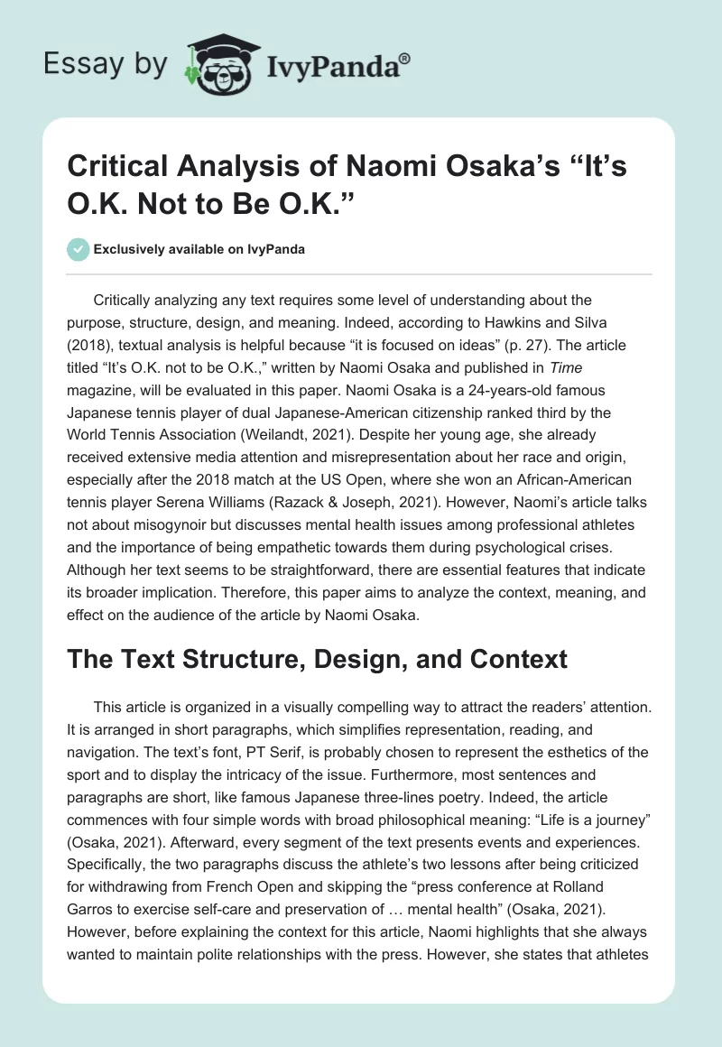 Critical Analysis of Naomi Osaka’s “It’s O.K. Not to Be O.K.”. Page 1