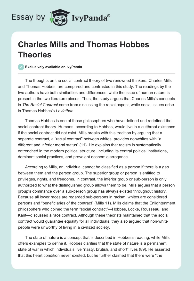 Charles Mills and Thomas Hobbes Theories. Page 1