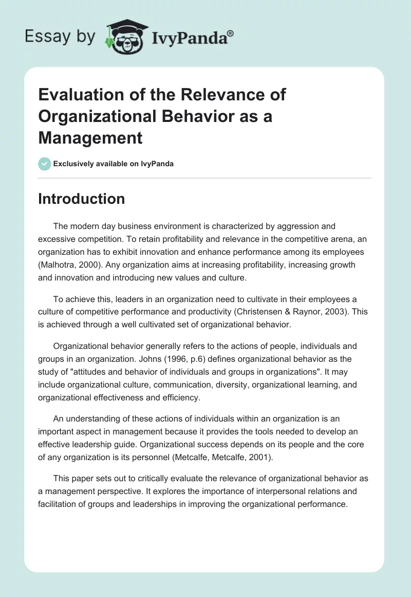 Evaluation of the Relevance of Organizational Behavior as a Management. Page 1