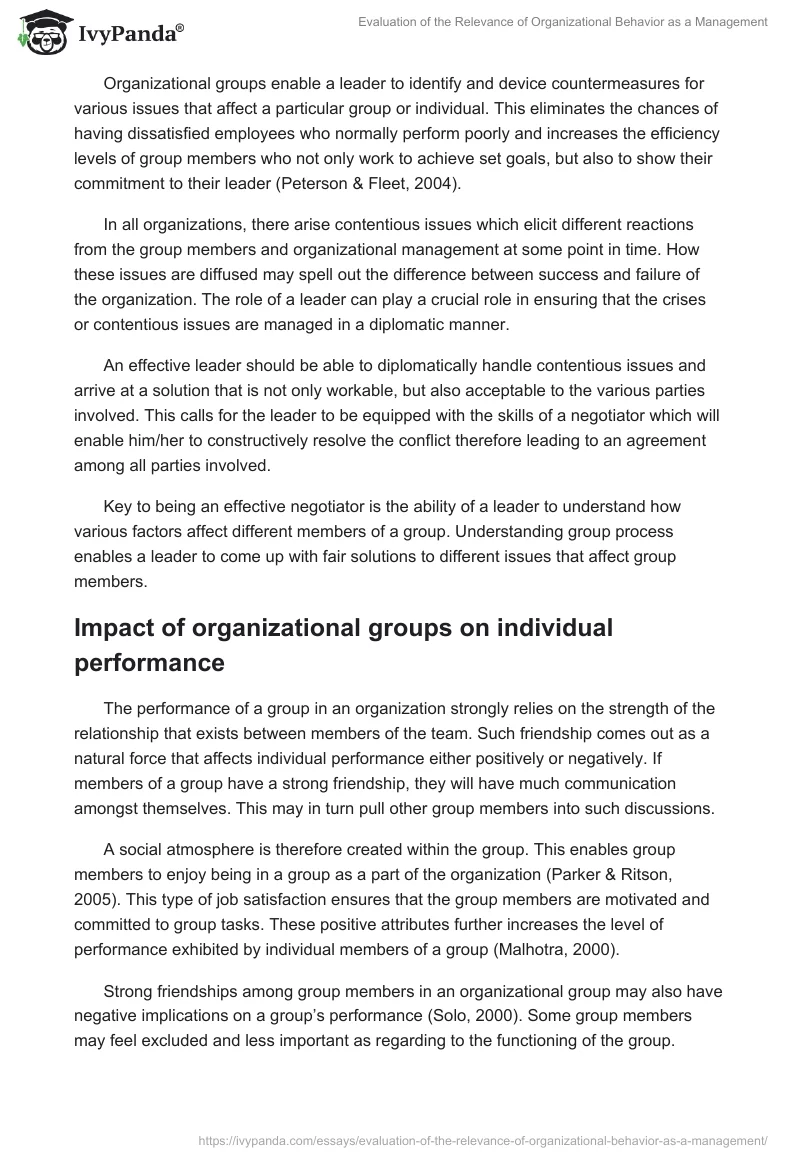 Evaluation of the Relevance of Organizational Behavior as a Management. Page 4