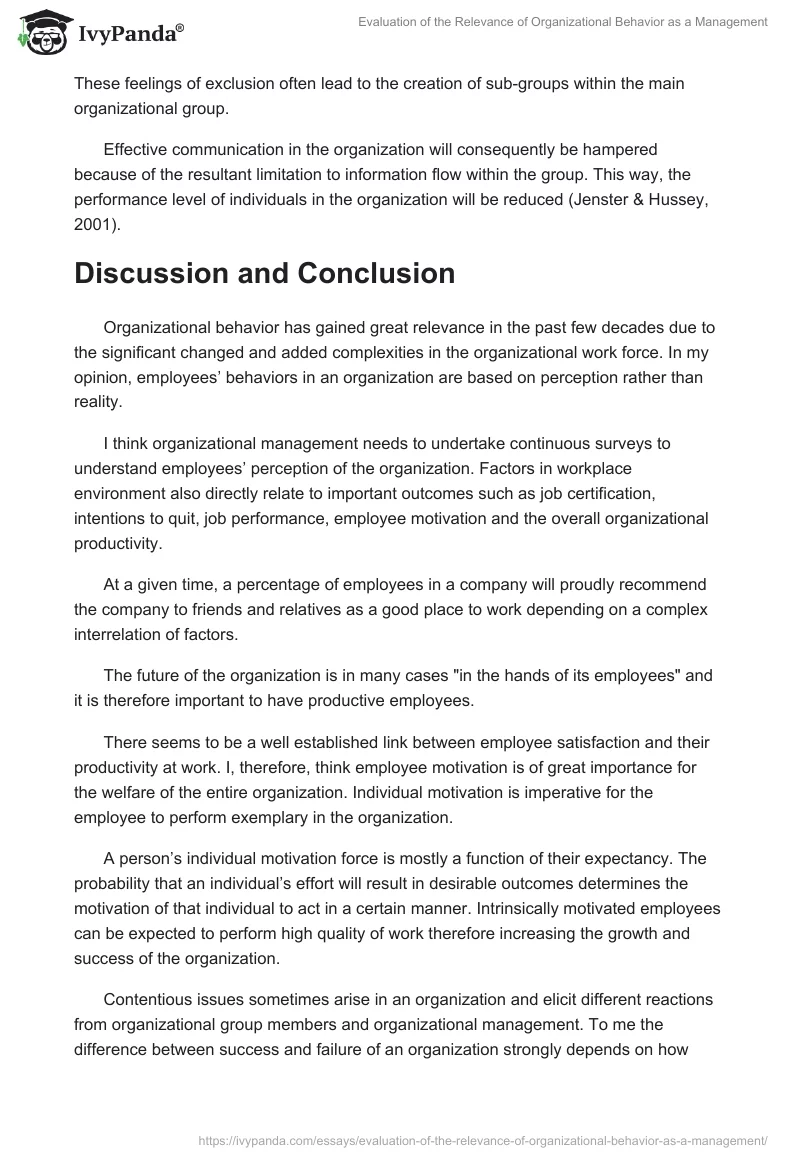 Evaluation of the Relevance of Organizational Behavior as a Management. Page 5