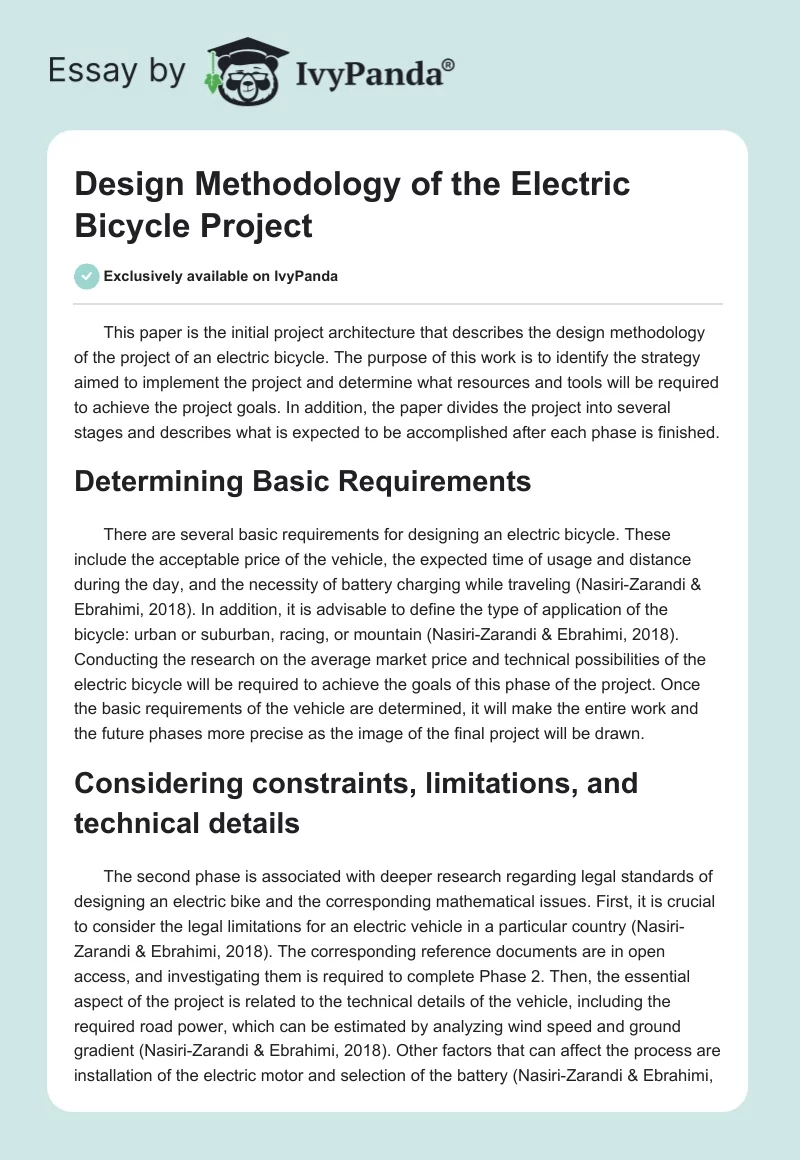 Design Methodology of the Electric Bicycle Project. Page 1