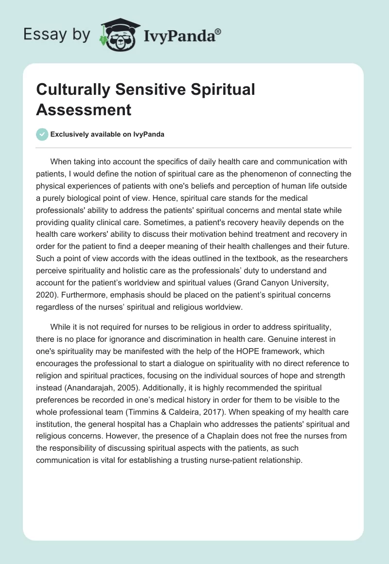Culturally Sensitive Spiritual Assessment. Page 1