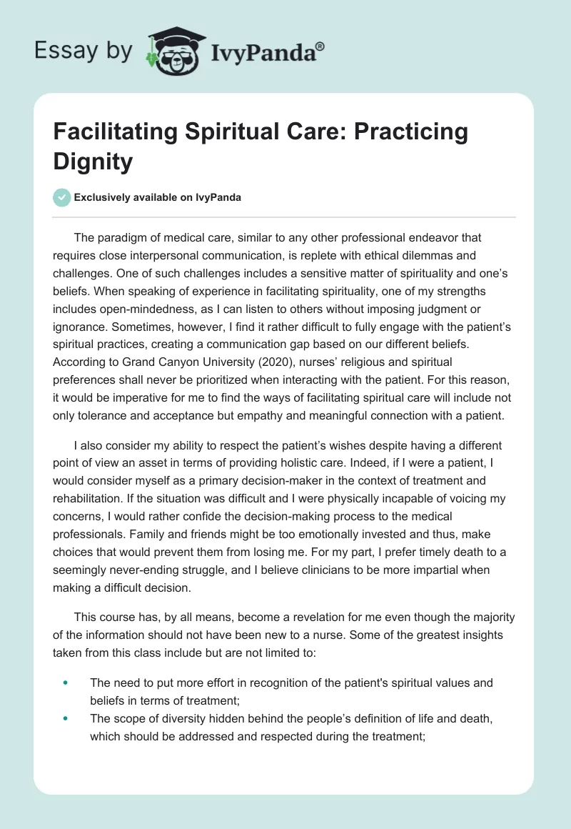 Facilitating Spiritual Care: Practicing Dignity. Page 1