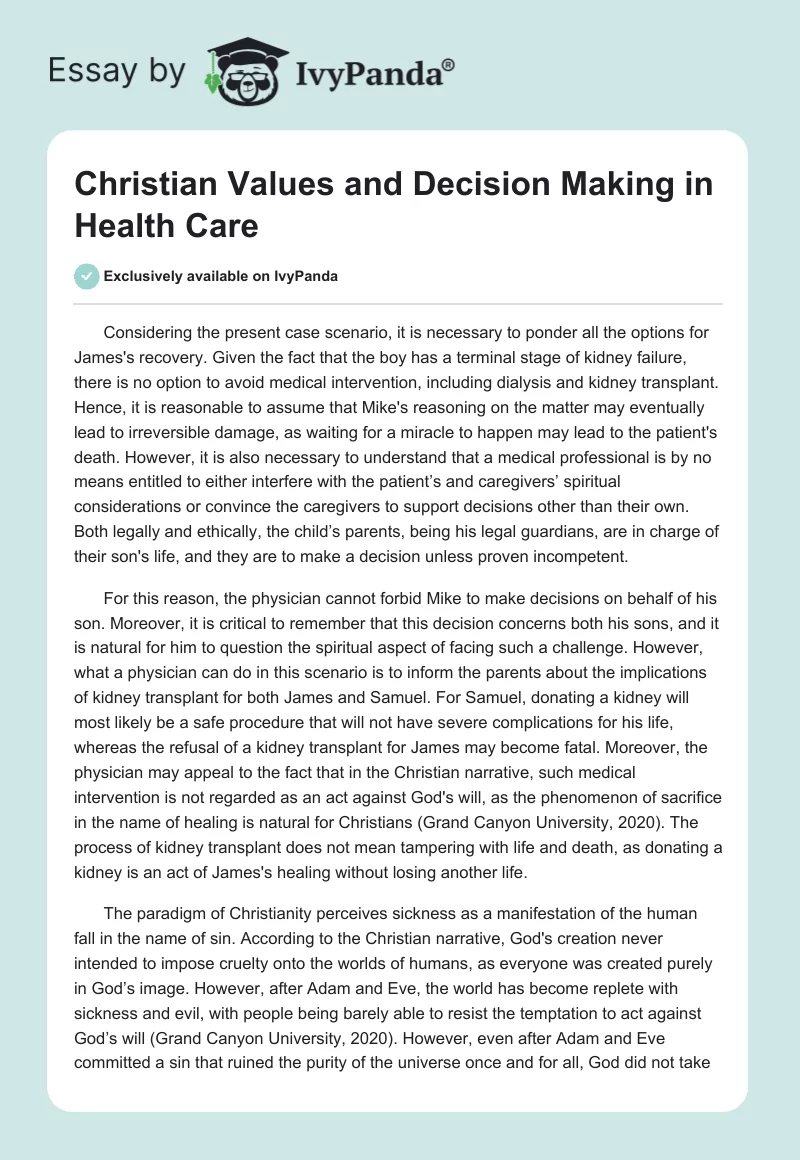 Christian Values and Decision Making in Health Care. Page 1