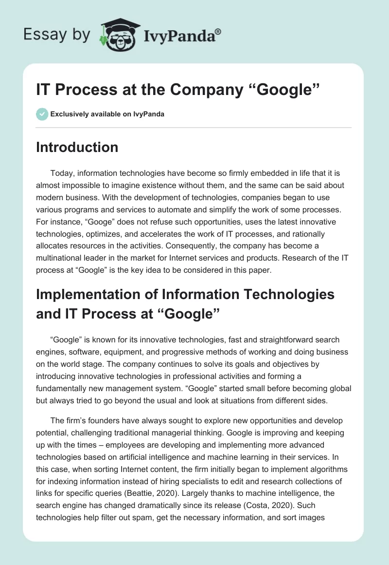 IT Process at the Company “Google”. Page 1