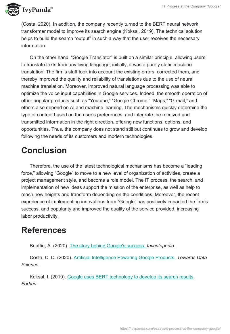 IT Process at the Company “Google”. Page 2