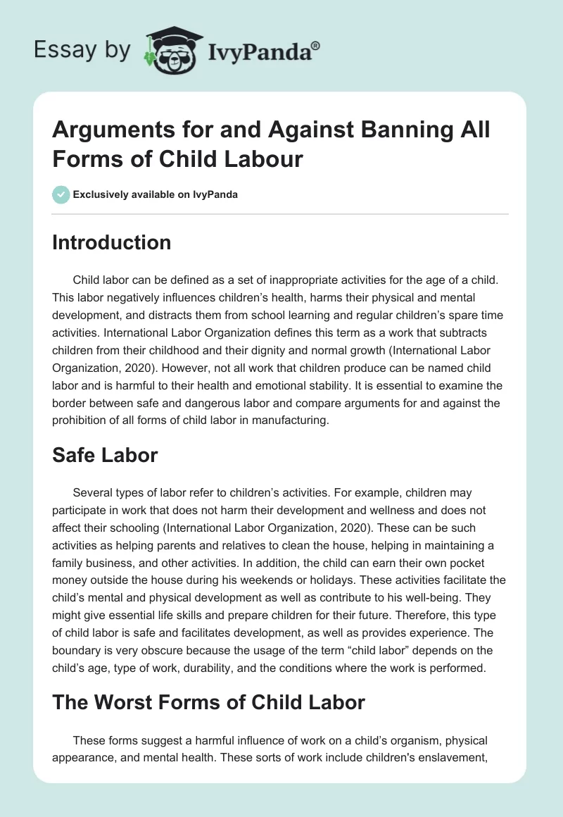 Arguments for and Against Banning All Forms of Child Labour. Page 1