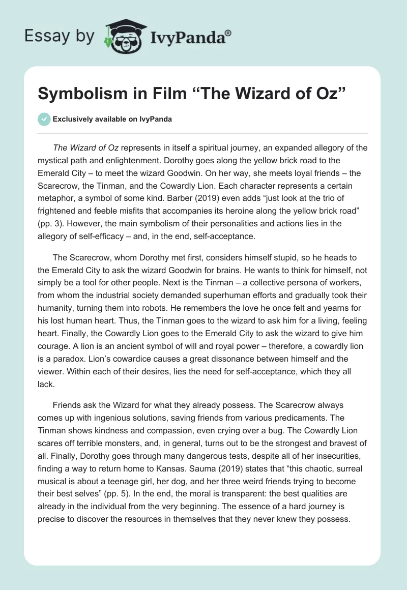 Symbolism in Film “The Wizard of Oz”. Page 1