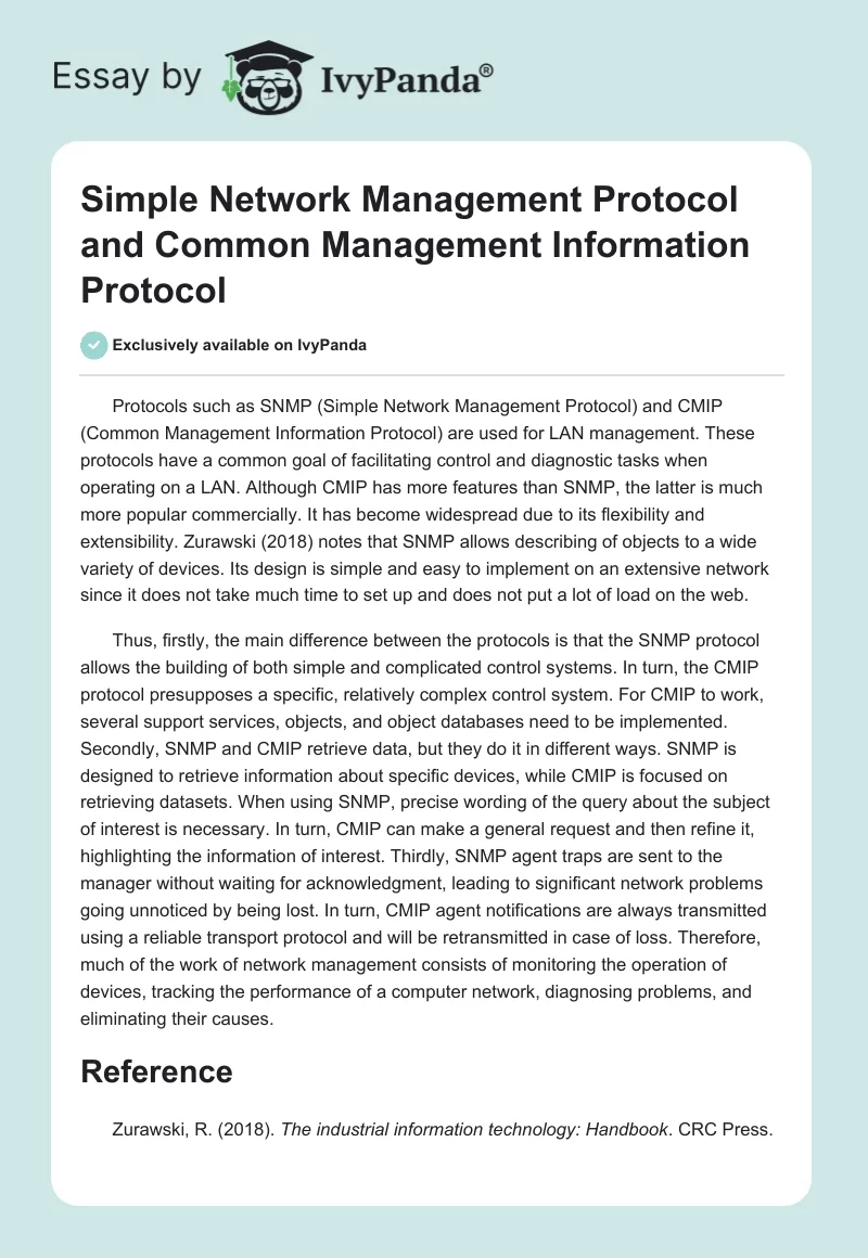 Simple Network Management Protocol and Common Management Information Protocol. Page 1