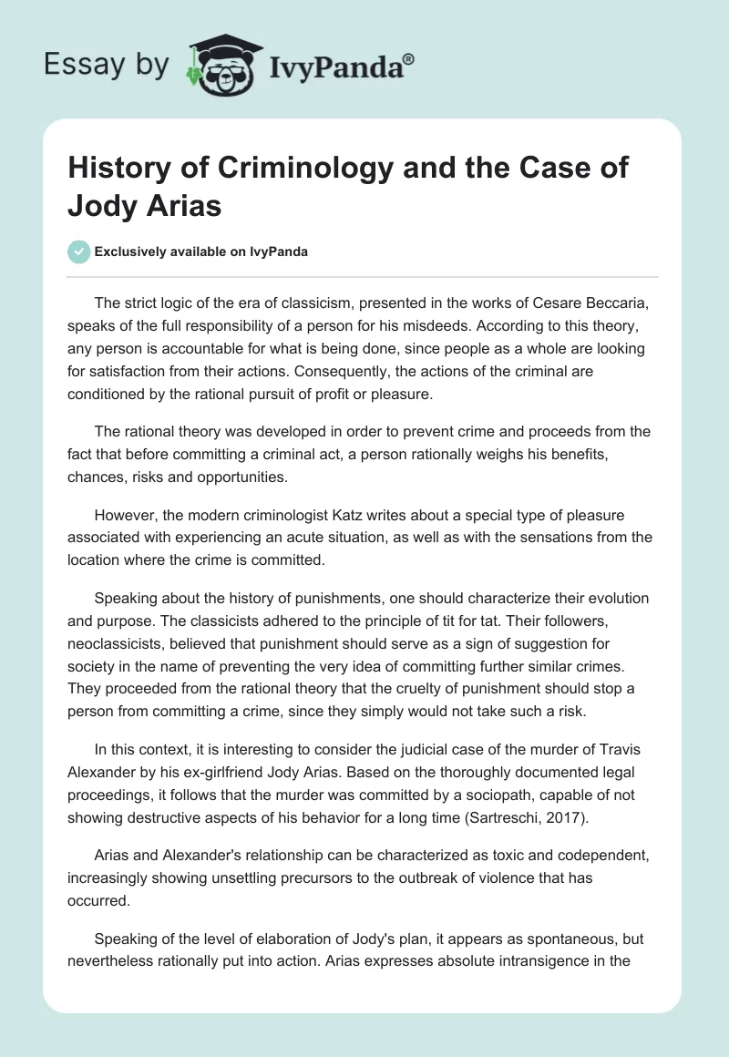 History of Criminology and the Case of Jody Arias. Page 1