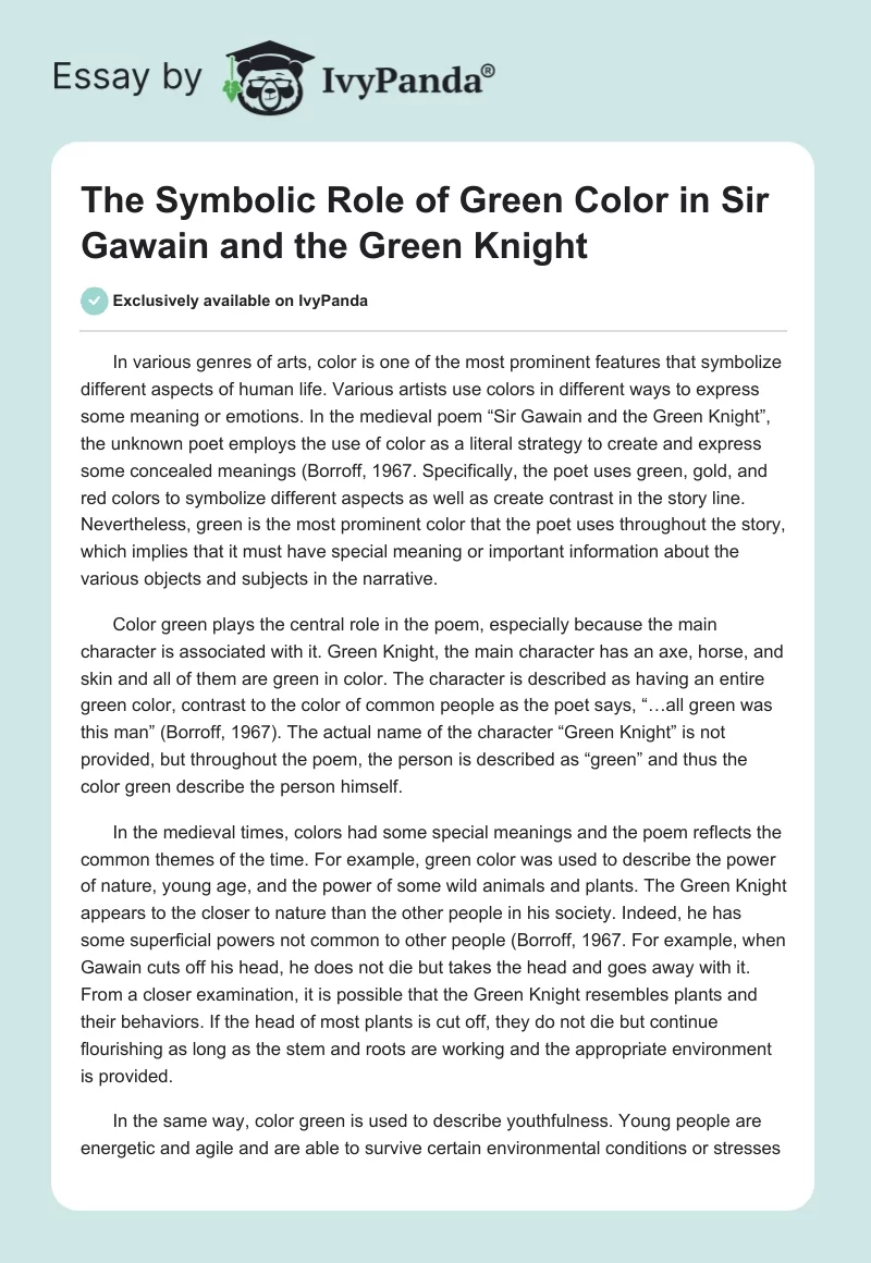 The Symbolic Role of Green Color in "Sir Gawain and the Green Knight". Page 1