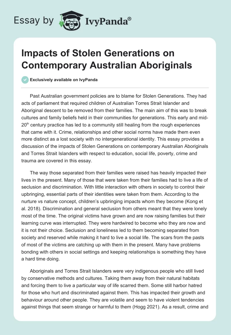 Impacts of Stolen Generations on Contemporary Australian Aboriginals. Page 1