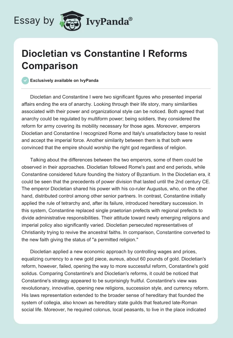 Diocletian vs Constantine I Reforms Comparison. Page 1