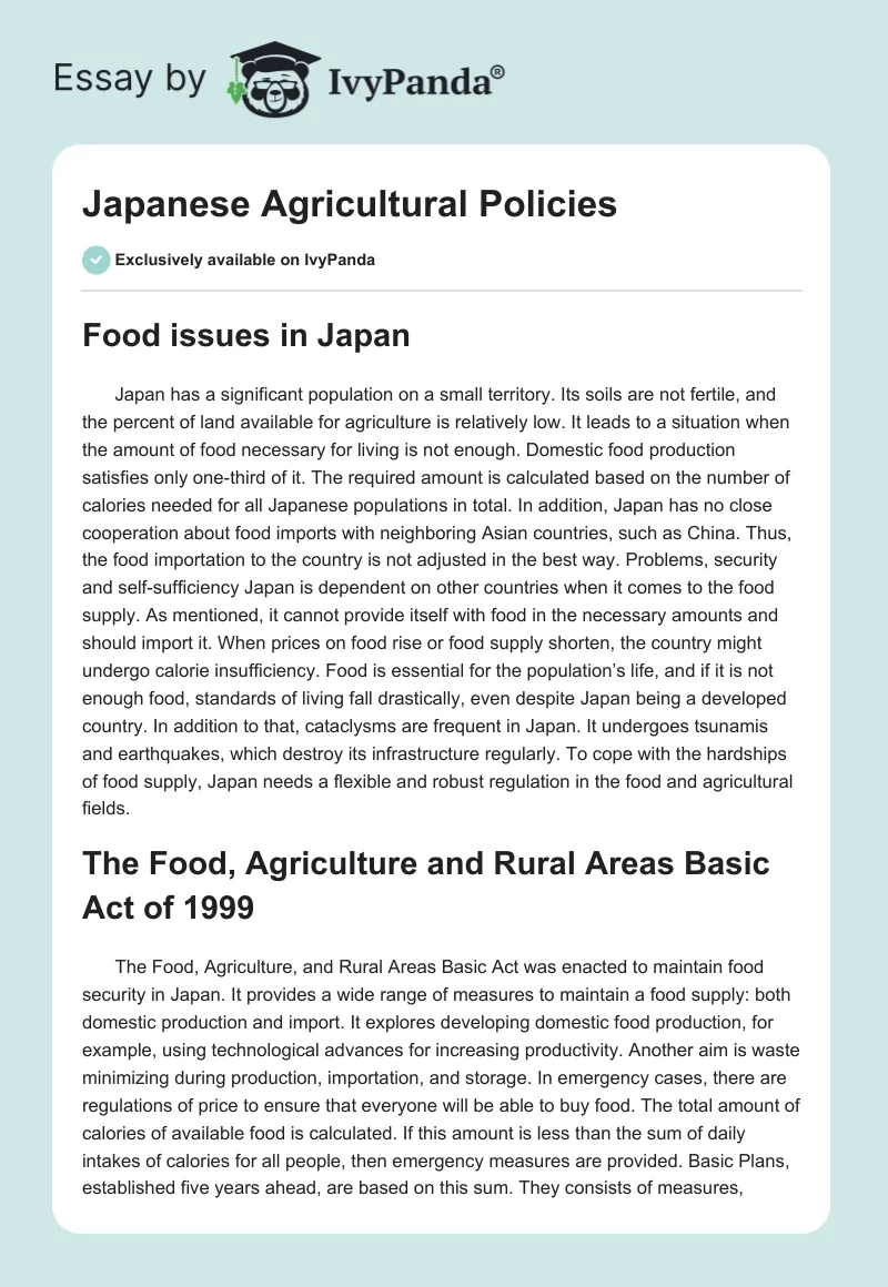 Japanese Agricultural Policies. Page 1