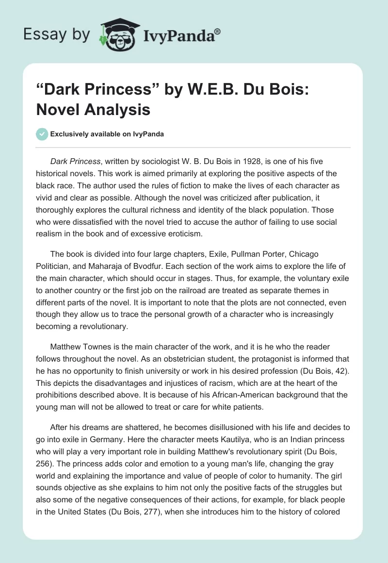 “Dark Princess” by W.E.B. Du Bois: Novel Analysis. Page 1