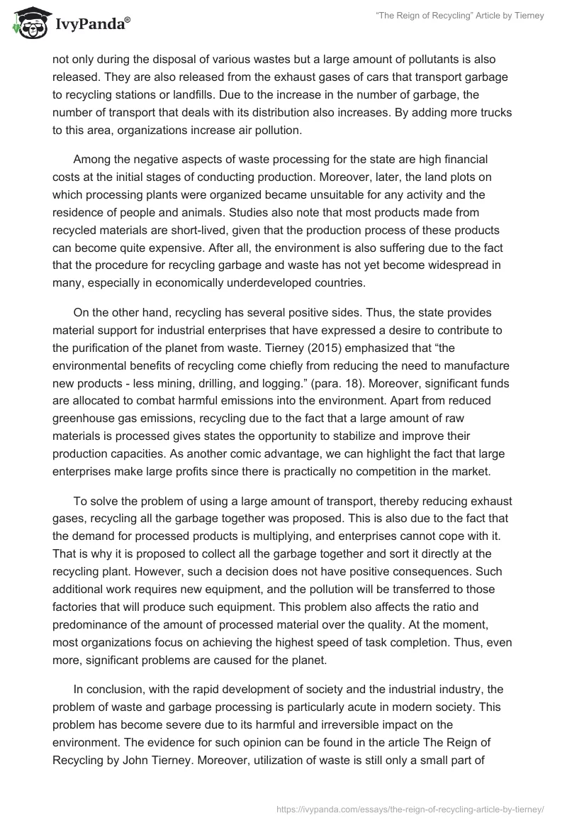 “The Reign of Recycling” Article by Tierney. Page 2