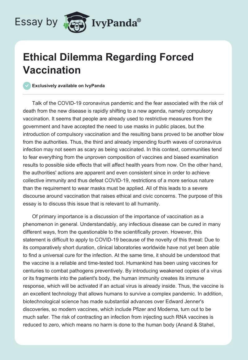 Ethical Dilemma Regarding Forced Vaccination. Page 1