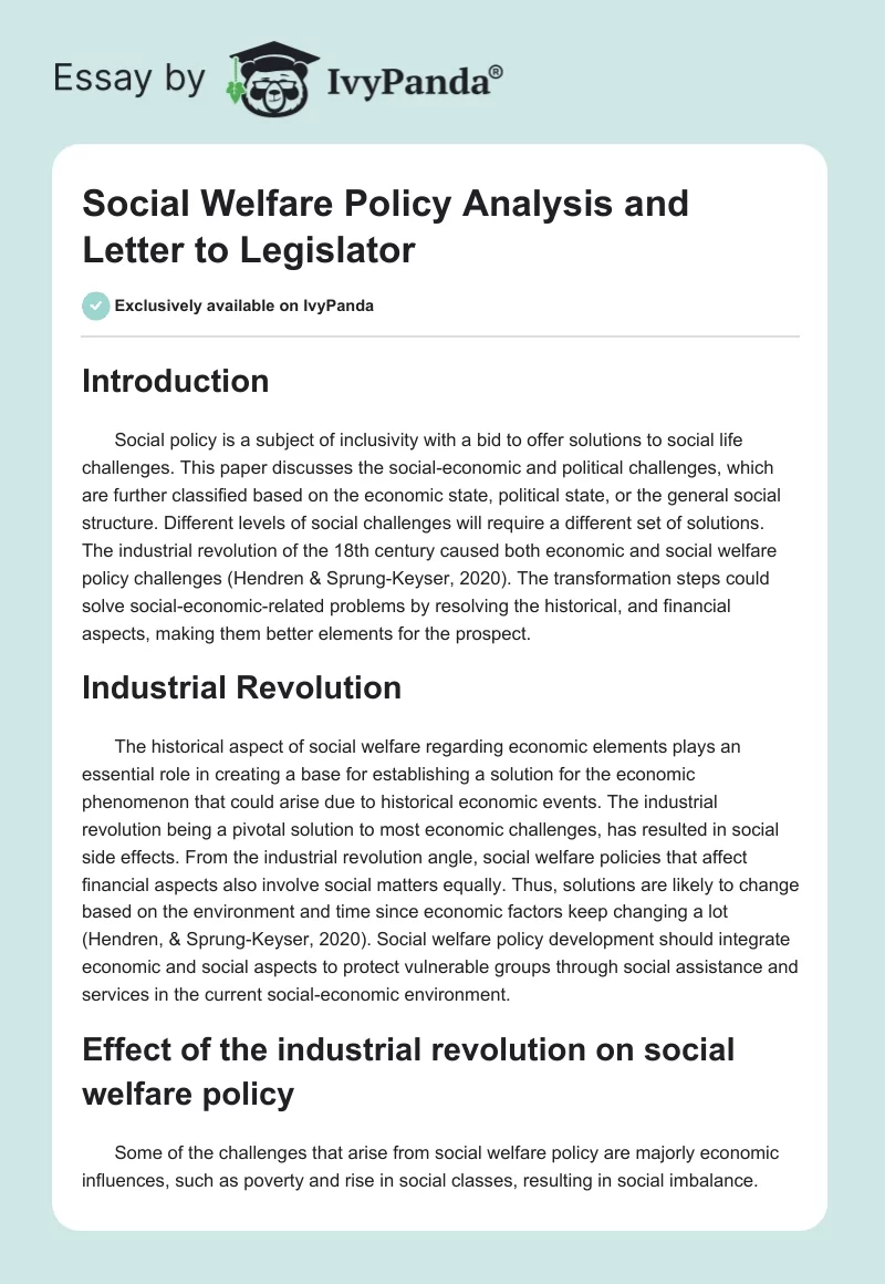 Social Welfare Policy Analysis and Letter to Legislator. Page 1