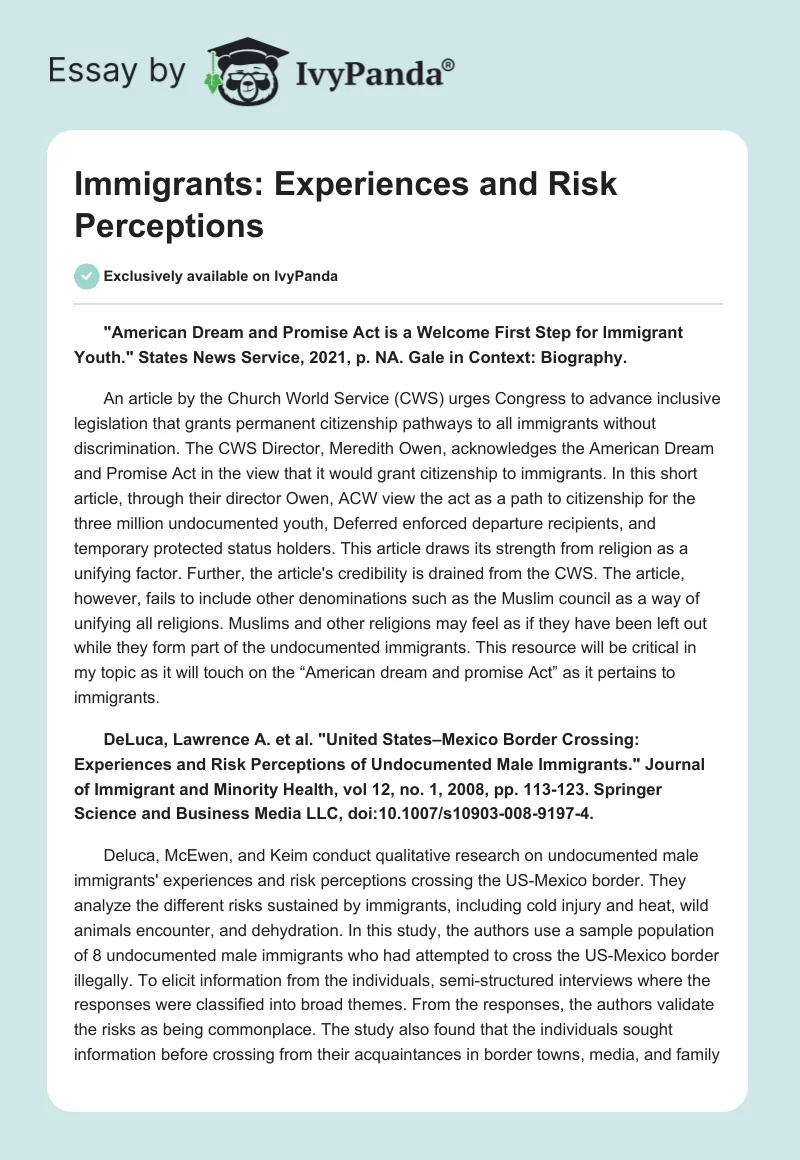 Immigrants: Experiences and Risk Perceptions. Page 1