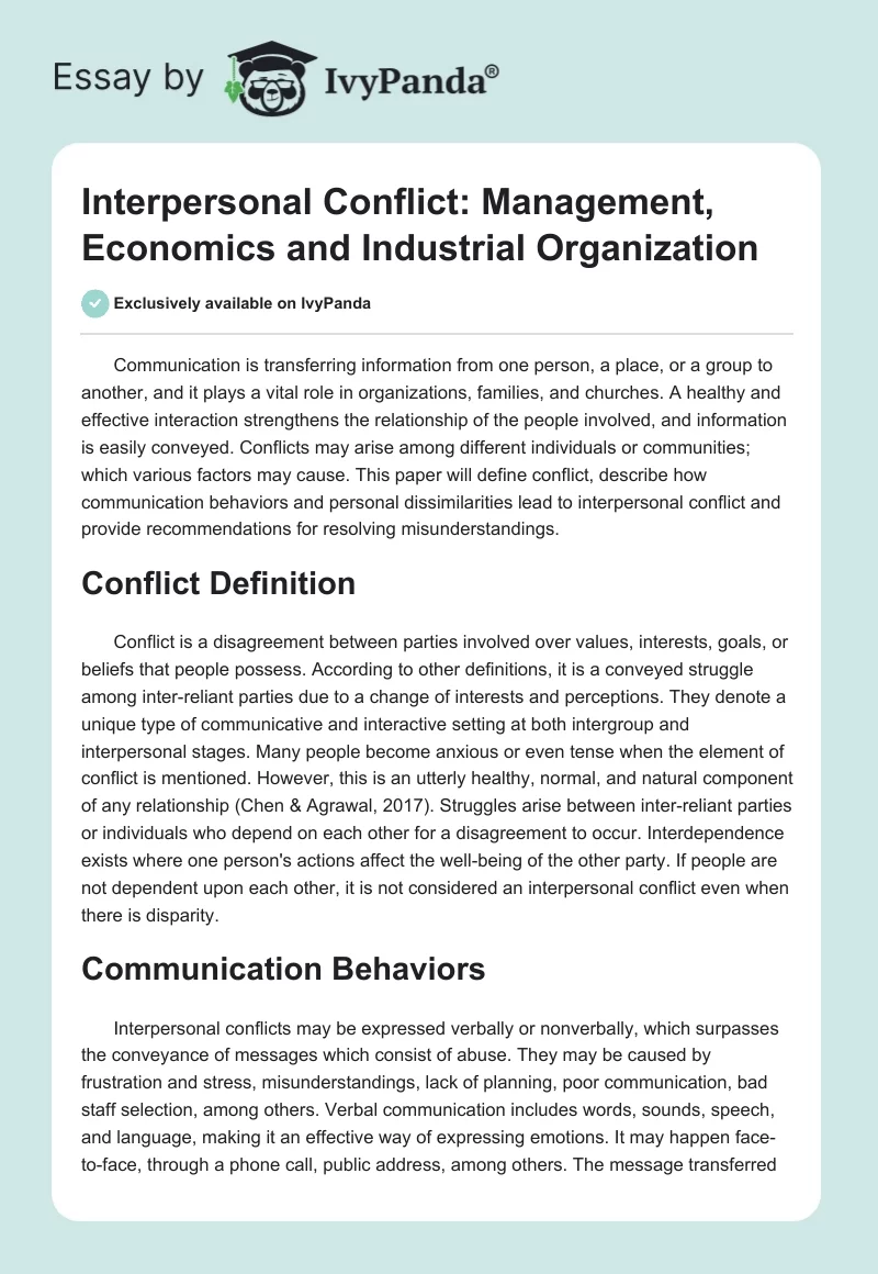 Interpersonal Conflict: Management, Economics and Industrial Organization. Page 1