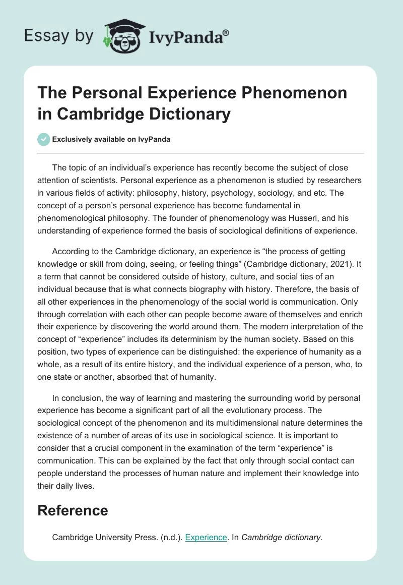 The Personal Experience Phenomenon in Cambridge Dictionary. Page 1