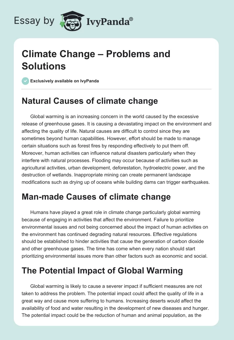 Climate Change Problems And Solutions 664 Words Essay Example