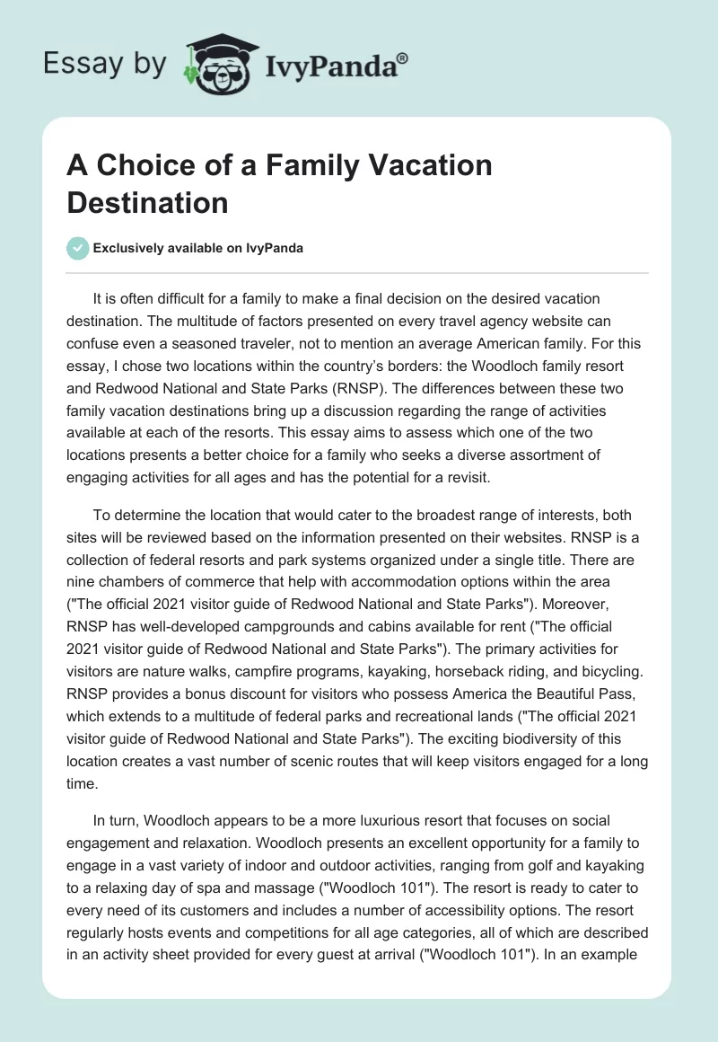 A Choice of a Family Vacation Destination. Page 1