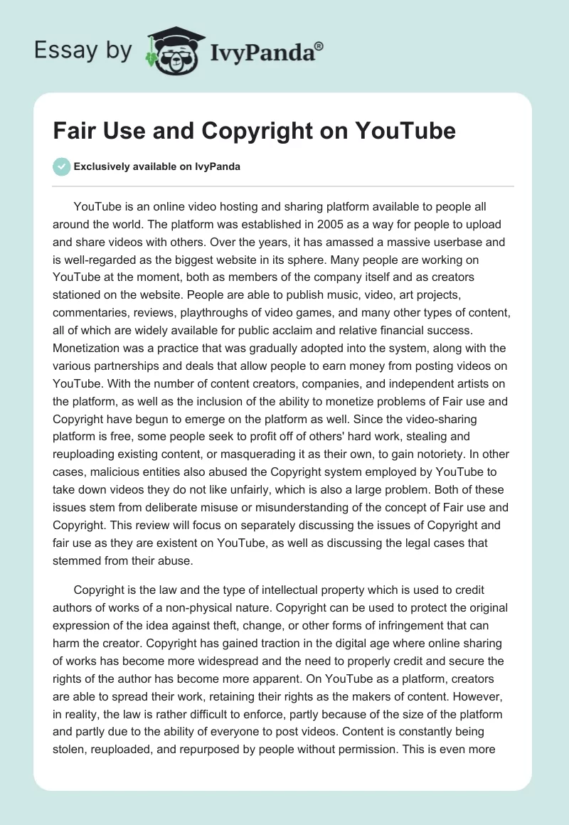 Fair Use and Copyright on YouTube. Page 1