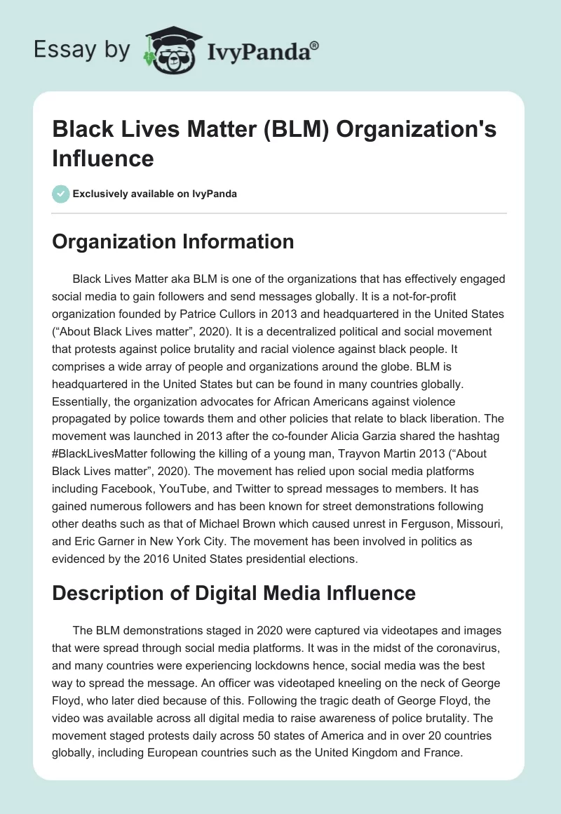 Black Lives Matter (BLM) Organization's Influence. Page 1