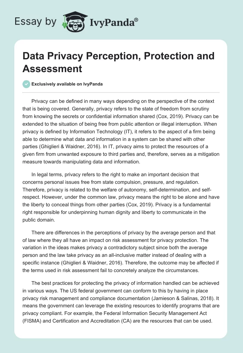 Data Privacy Perception, Protection and Assessment. Page 1