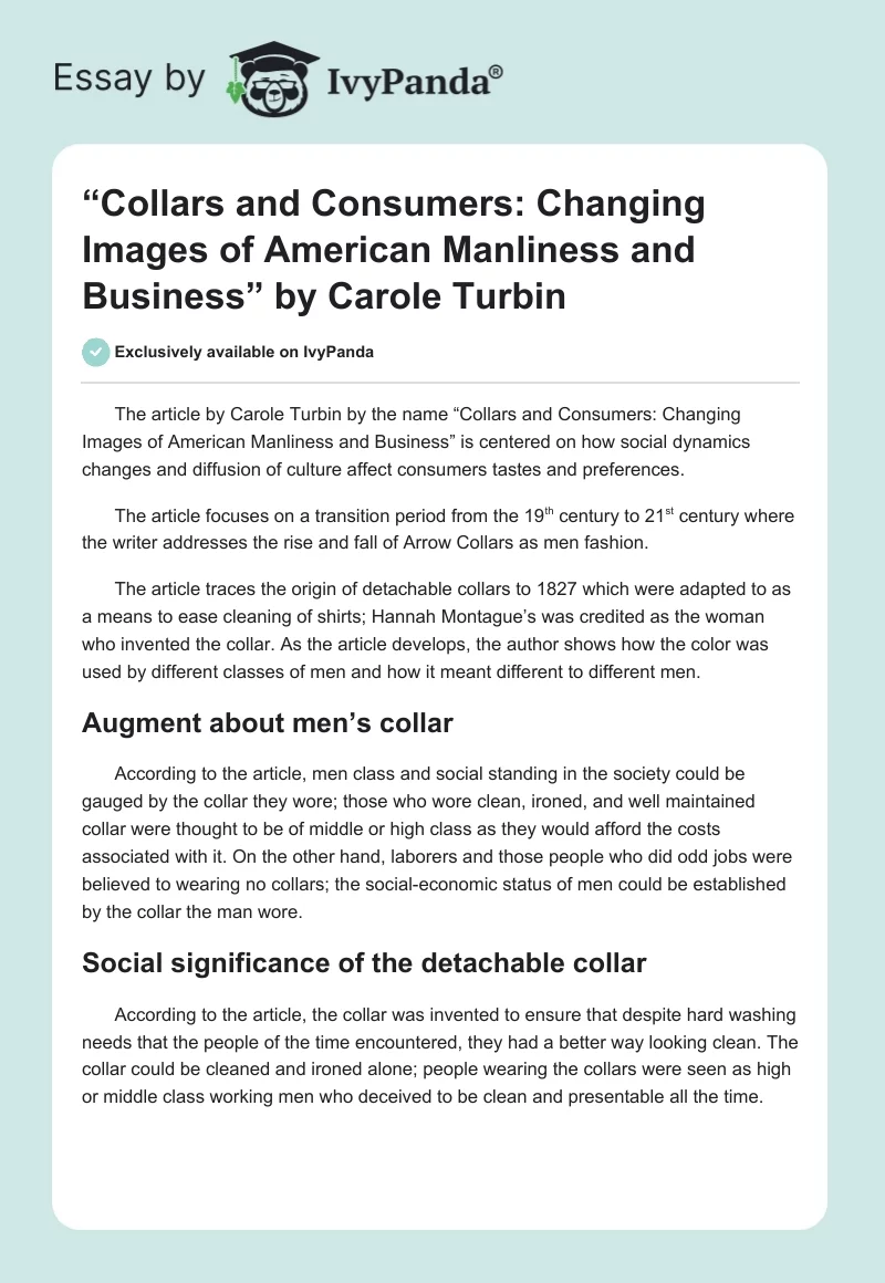 “Collars and Consumers: Changing Images of American Manliness and Business” by Carole Turbin. Page 1