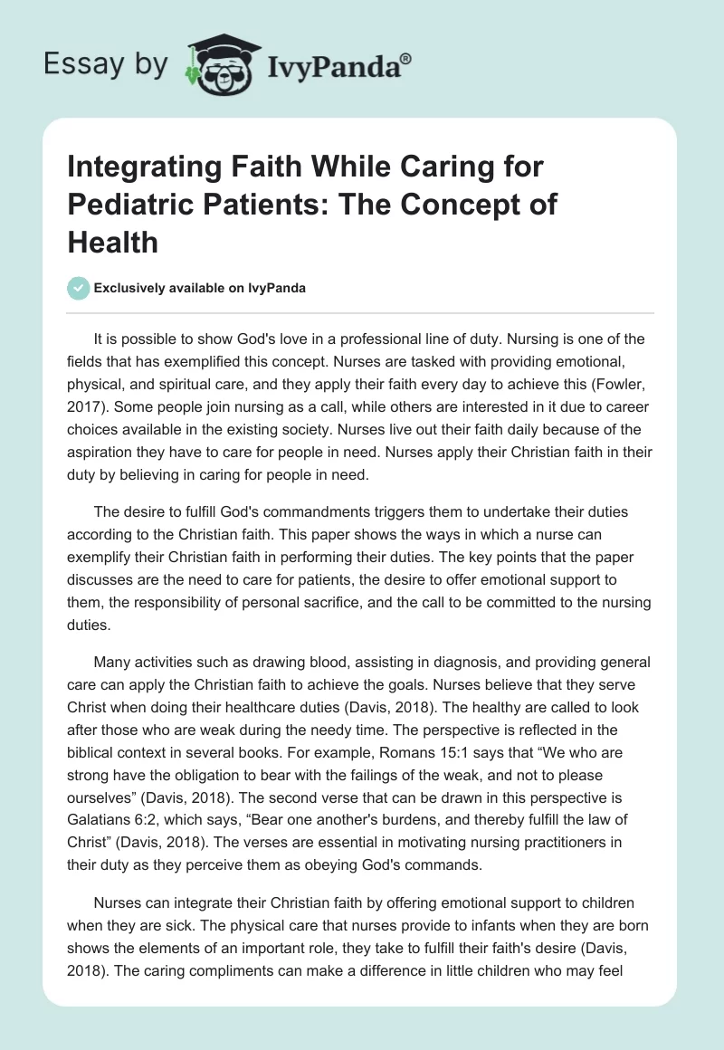 Integrating Faith While Caring for Pediatric Patients: The Concept of Health. Page 1