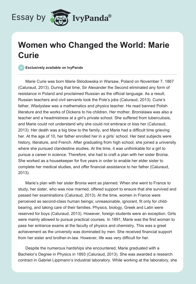 Women who Changed the World: Marie Curie. Page 1